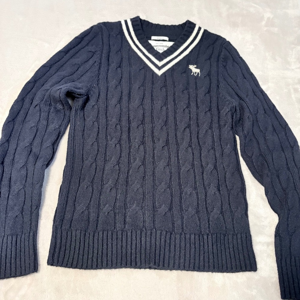 Y2K Abercrombie & Fitch Cable Knit V-Neck Sweater Mens Navy Blue L Muscle Fit